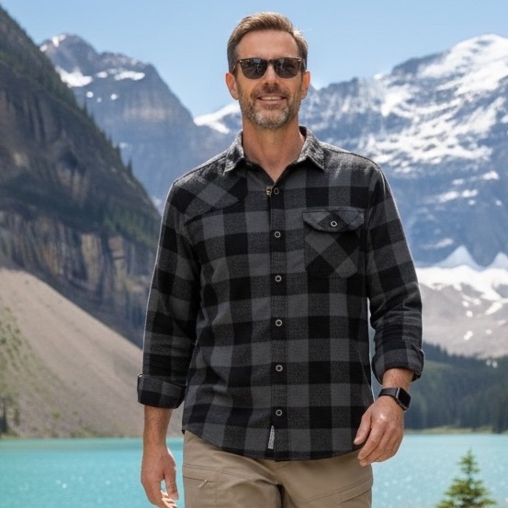 Howler Bros Mens XL Grey Black Buffalo Check Western Flannel Shirt HB-01231